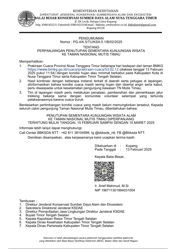 PERPANJANGAN PENUTUPAN SEMENTARA TAMAN NASIONAL MUTIS TIMAU
